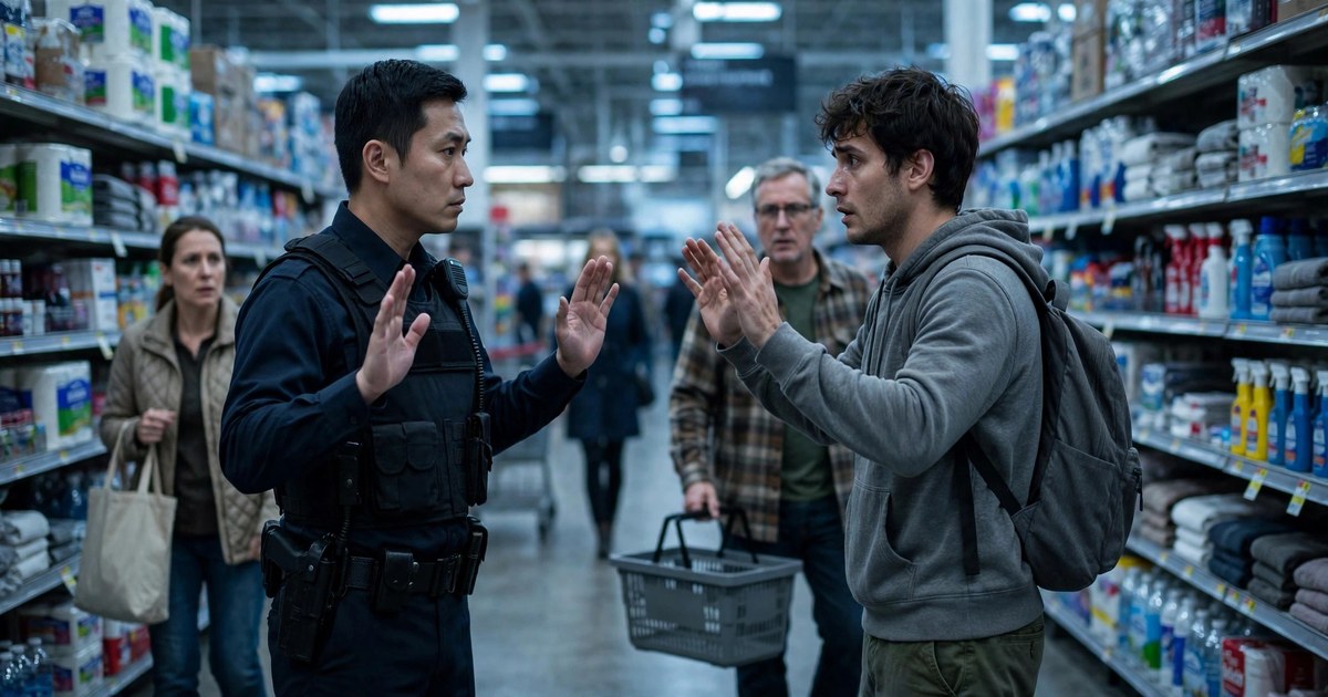 Can Your Employees Legally Restrain a Shoplifter? Featured Image Loss prevention officer de-escalating with a suspected shoplifter in a retail aisle
